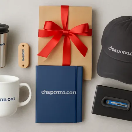 هدایای تبلیغاتی متنوع با برند chapazon.com روی میز کاری